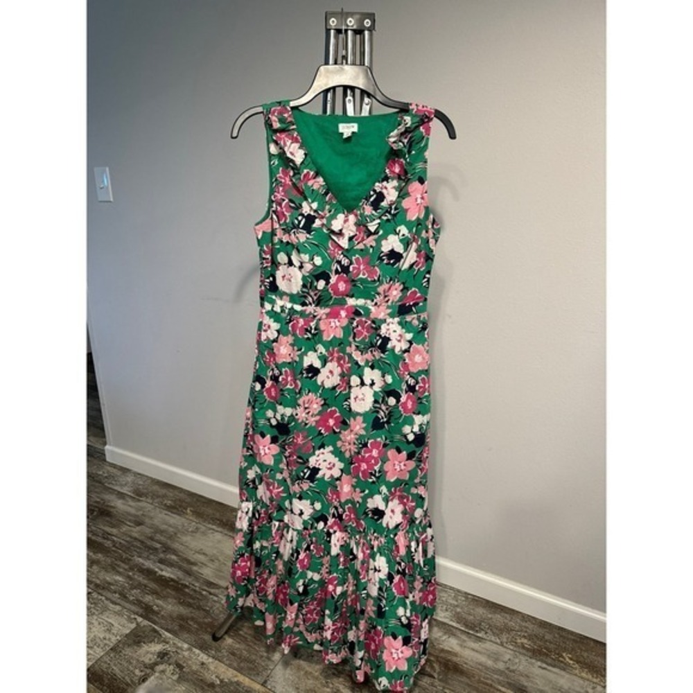 J.Crew Floral Tiered Midi Dress Womens Green Pink Excellent Ruffle V-Neck